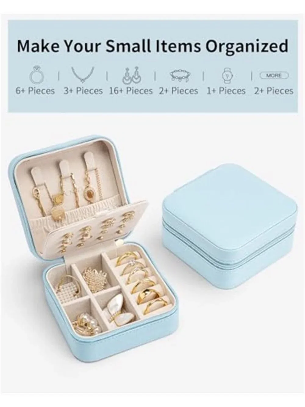 Small Travel Jewelry Box Case Organizer Blue Leather Earring Necklace Ring Gift